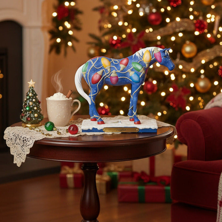 Trial Of Painted Ponies Tangled Horse Figurine on side table with Christmas decorations