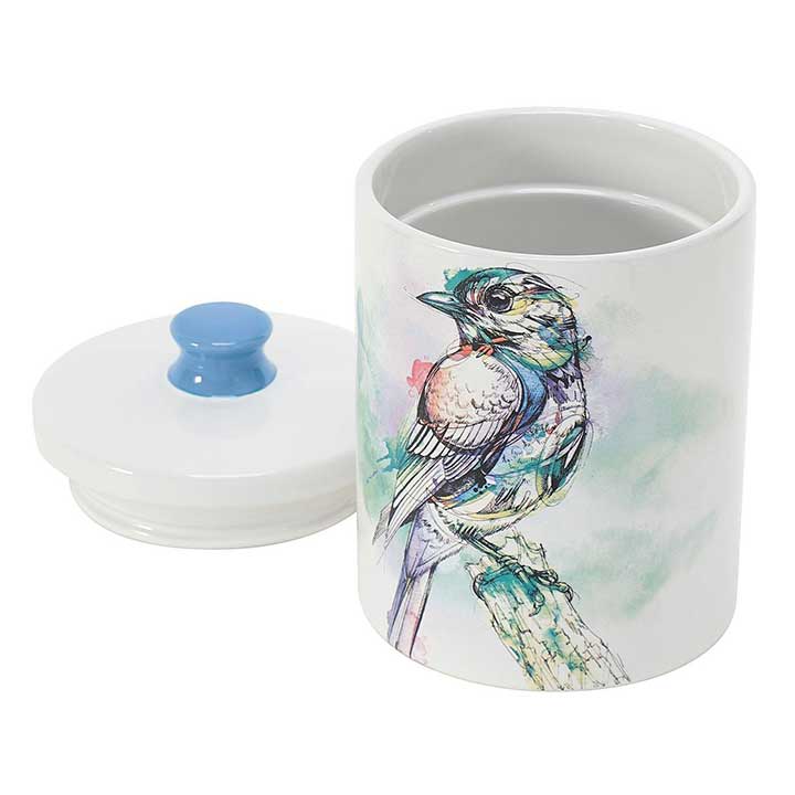 enesco abby diamond bird art stoneware treat jar open with lid to side