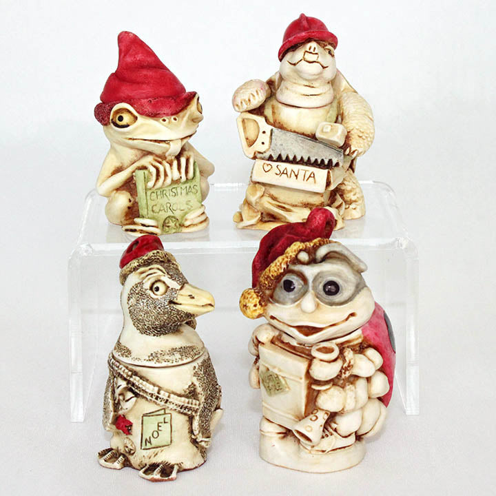 harmony kingdom garden party christmas ornament set - front view of The Garden Prince, Tubs, Lord Byron, and Murphy