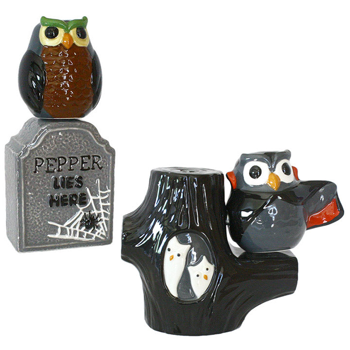 ceramic salt and pepper shaker sets: Dracula owl on tree and Owl on Tombstone