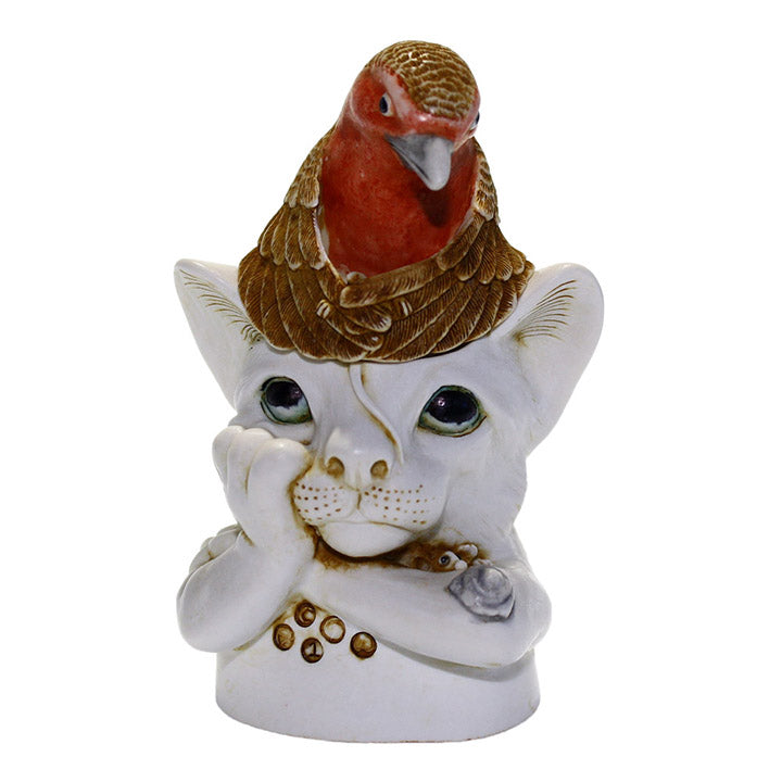 Harmony Kingdom Turdus Felidae white cat with robin bird on head front view with hallmarks