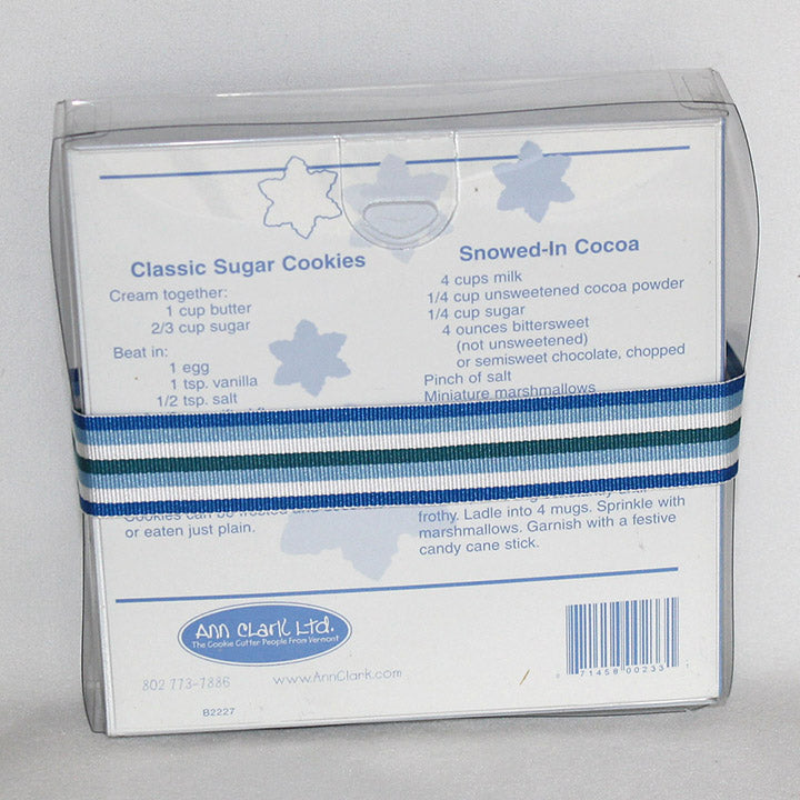 Ann Clarke large snowflake cookie cutter back of gift box showing recipes with ribbon