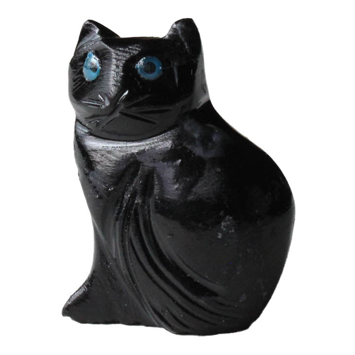 hand carved onyx black cat with blue eyes figurine - front view