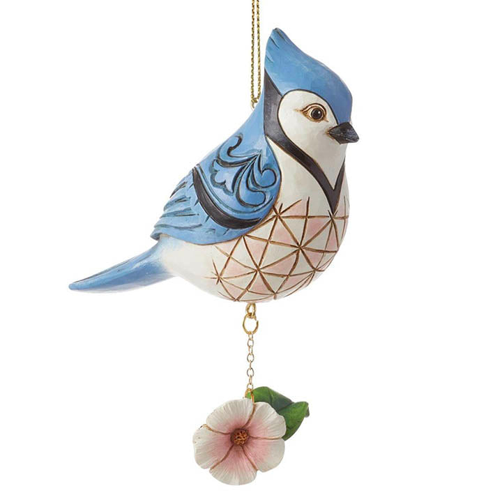 jim shore heartwood creek nature's meadow blue jay above flower ornament - right view