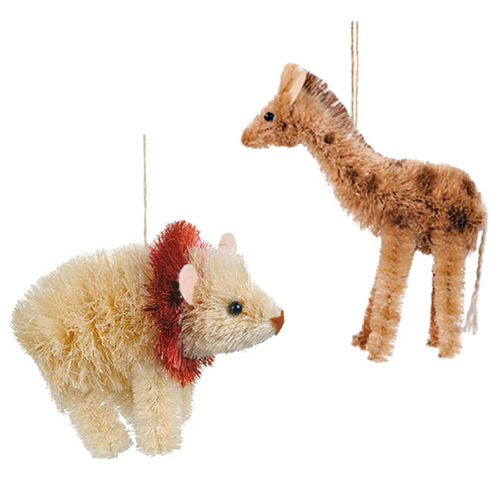 bottle brush animal ornaments, Polar Bear on left, Giraffe on right