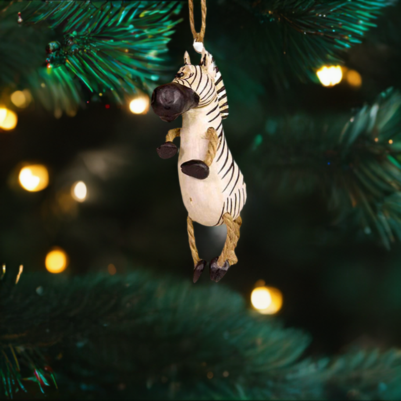 bert anderson zebra ornament hanging on christmas tree