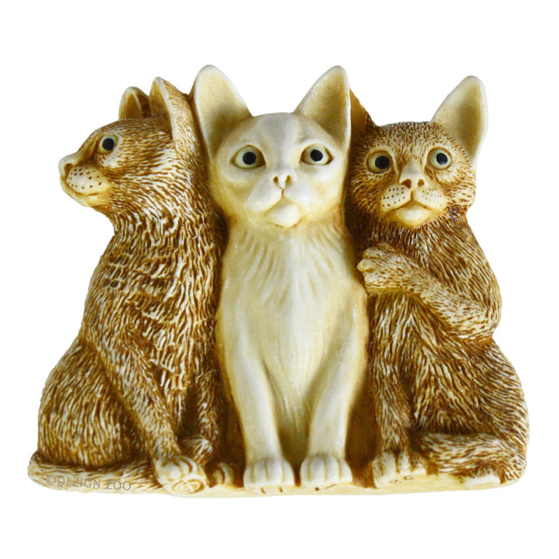 harmony kingdom collectors club cat pin front view showing three cats sitting side by side