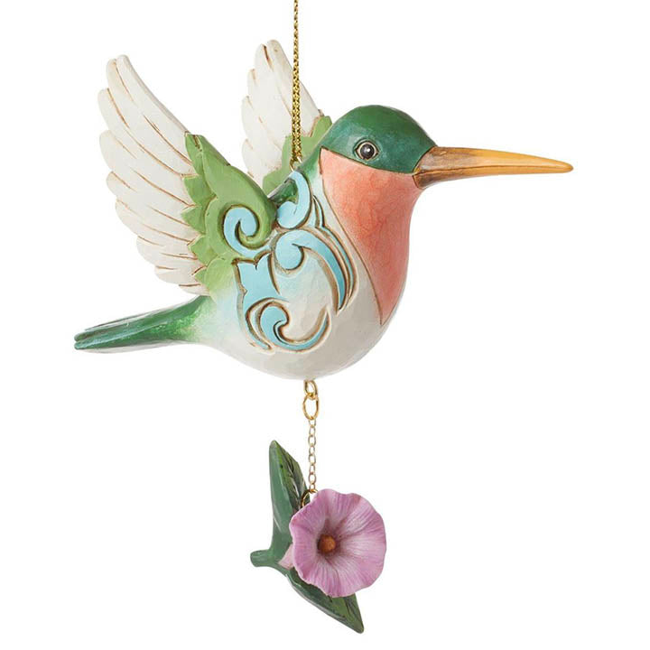 jim shore heartwood creek nature's meadow hummingbird ornament closeup with flower below