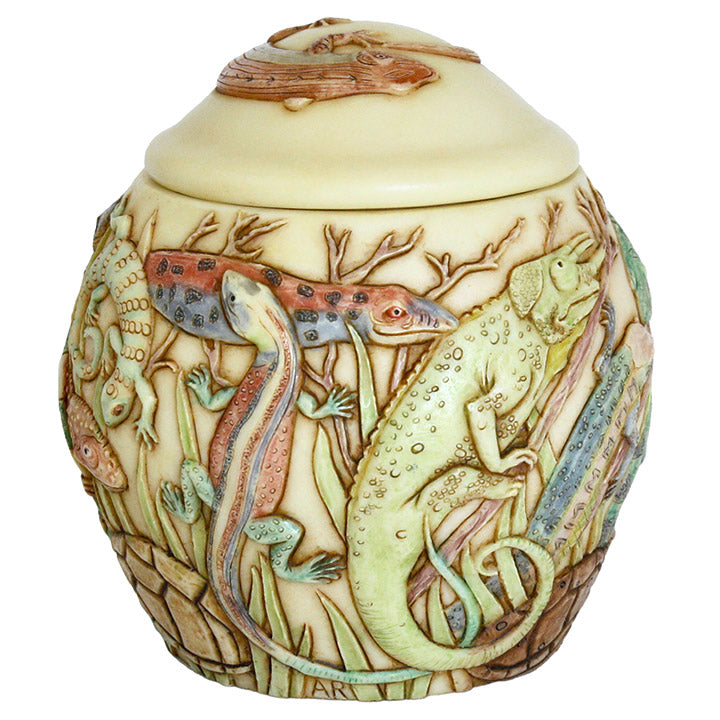 harmony ball the masquerade jardinia decorative lidded jar, image showing striped lizard and horned chameleon