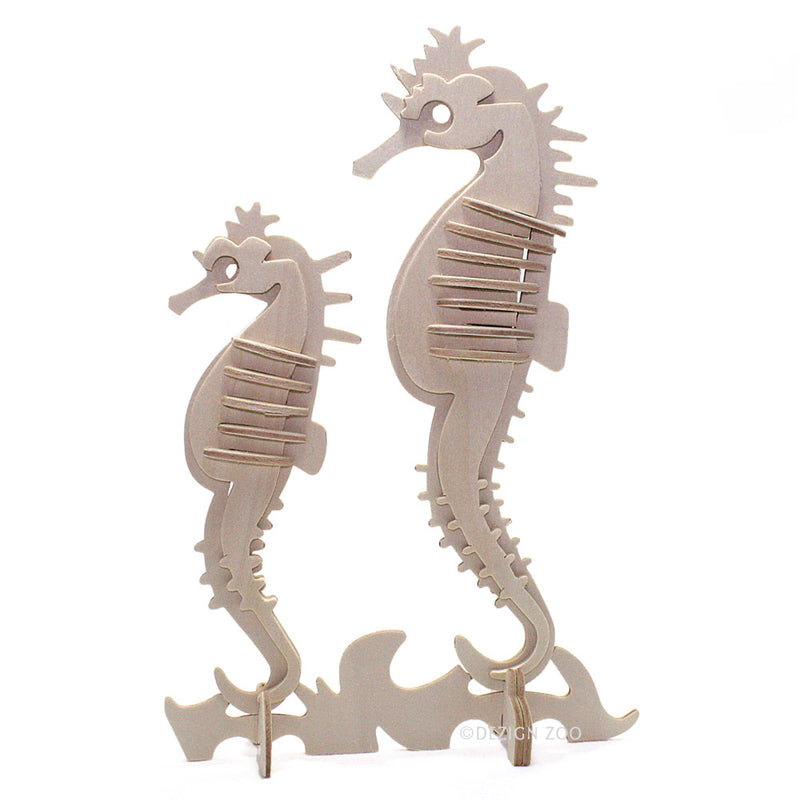 Completed 3D Natural Wood 2 Seahorse Craft Puzzle facing left
