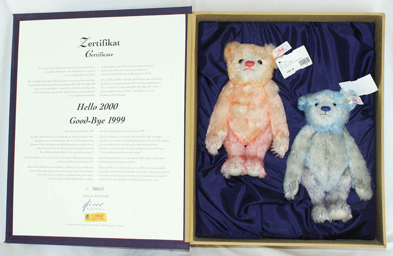 Steiff Hello 2000 Good Bye 1999 Mohair Teddy Bear Boxed Set Rare NIB Limited Edition