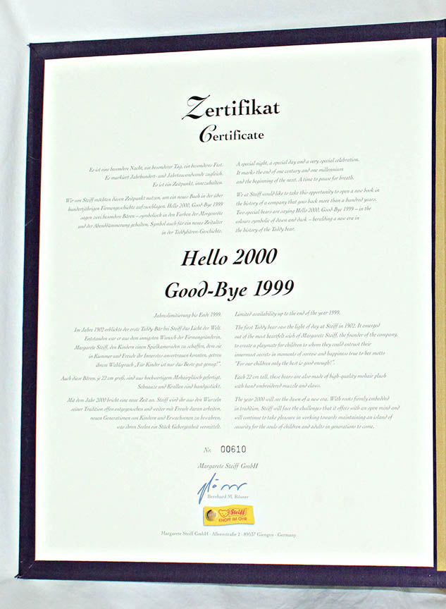 Steiff Hello 2000 Good Bye 1999 Mohair Teddy Bear Boxed Set Rare NIB Limited Edition