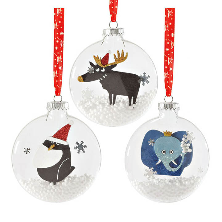 department 56 animalz collection reindeer, penguin, elephant glass disc ornament assortment hanging from red and white ribbons