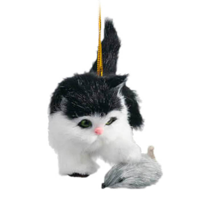furry black and white kitten with mouse ornament