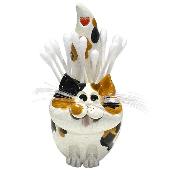 ceramic cat toothpick holder figurine - front view brown black and white calico cat with heart design on top of tail one of a kind, shown holding Q-tips