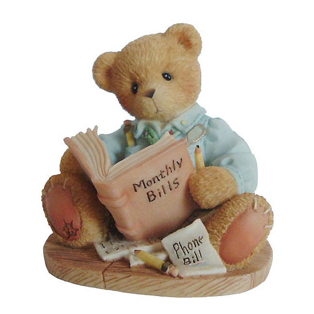 cherished teddies dad you're due for hug  retired paying bills figurine showing papa bear with pencils going over monthly payment book