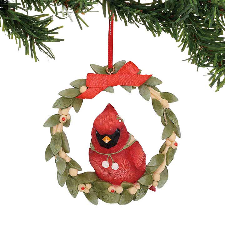 enesco heart of christmas baby cardinal bird on holly wreath ornament - front side view hanging from tree branch