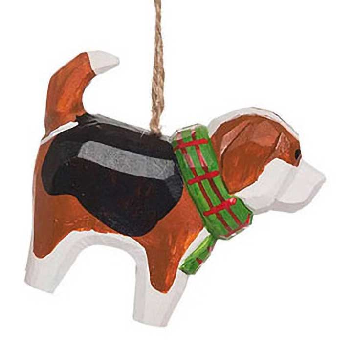 hand carved and painted wood beagle dog in green plaid scarf ornament