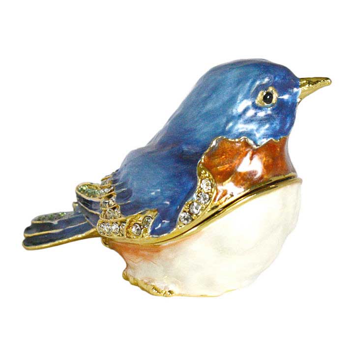 enameled pewter crystal accented bluebird trinket box, figurine, jewelry box - right side view