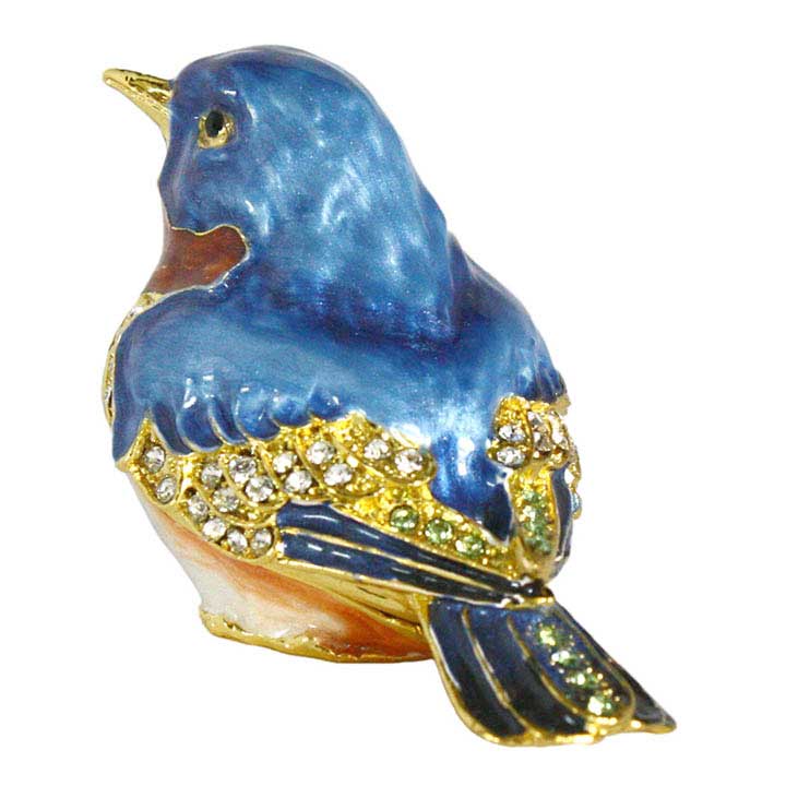 enameled pewter crystal accented bluebird trinket box, figurine, jewelry box - back view