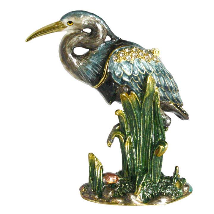 left side view crystal accented enameled pewter blue heron bird figurine trinket box