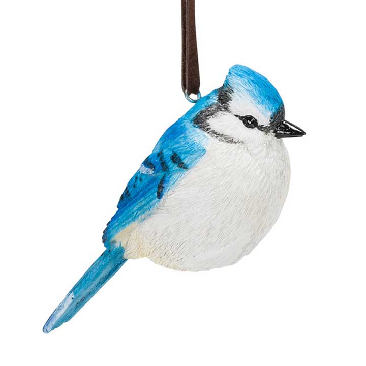 classic blue jay bird ornament, right side detail view