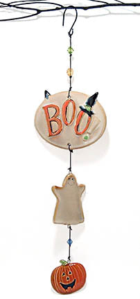 ceramic halloween dangler ornament with BOO! words, ghost and jack o lantern pumpkin on hook hanging from branch