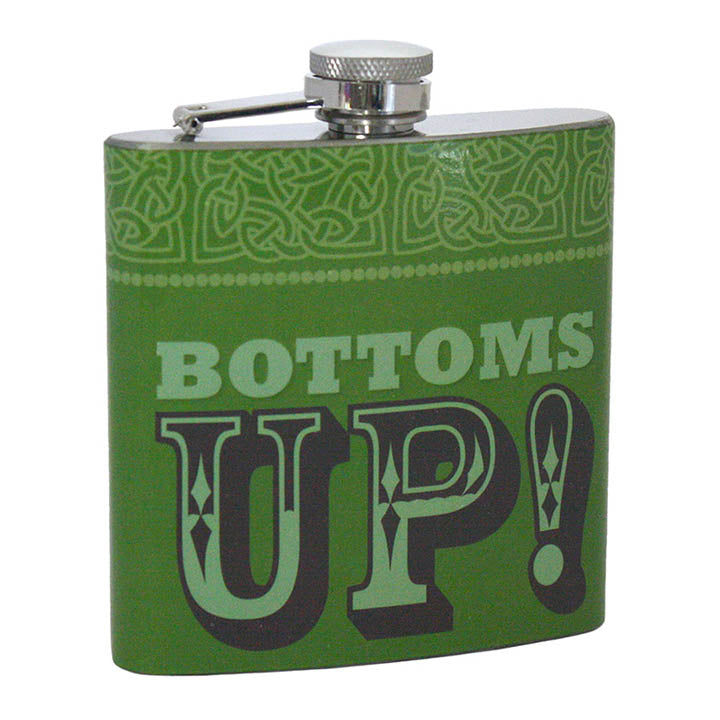 green celtic design metal flasks with irish proverb bottoms up!