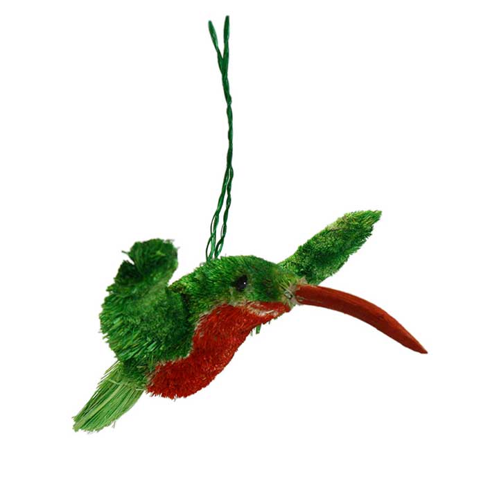 alternate view of natural fiber bottle brush ruby throated hummingbird with red chest and wood beak figurine hanging ornament