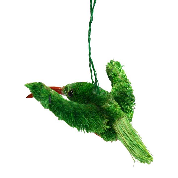back and top view of natural fiber bottle brush ruby throated hummingbird with red chest and wood beak figurine hanging ornament