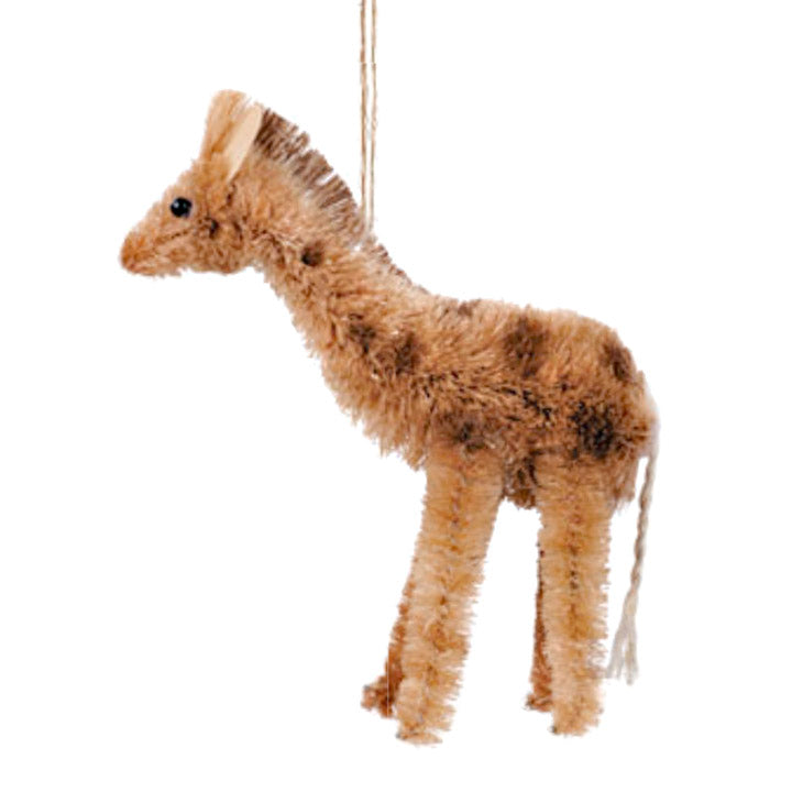 brown bottle brush giraffe with felt ears ornament hanging from jute cord