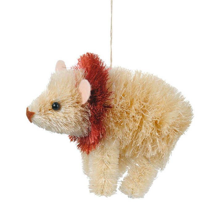 off white bottle brush polar bear with felt ears and red collar ornament hanging from jute cord