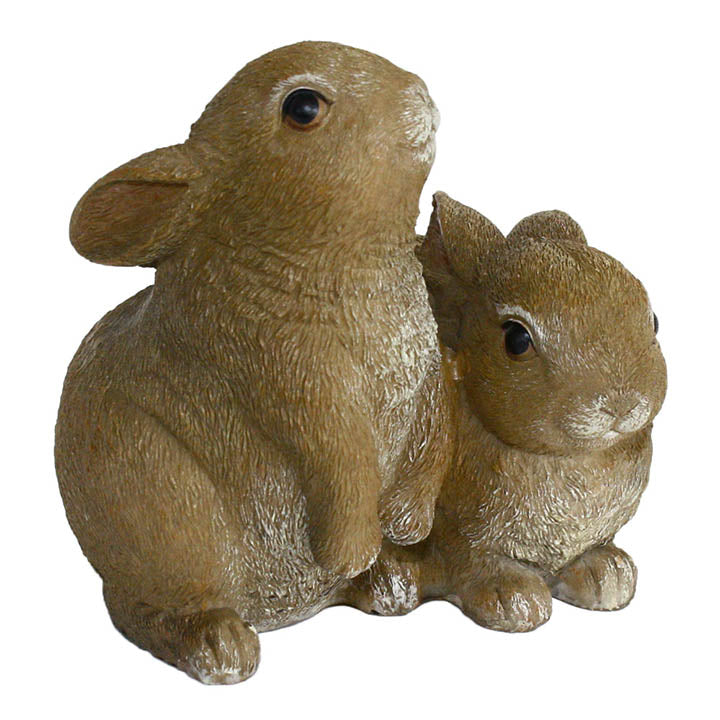 2 baby bunnies figurine with brown eyes one laying down one with head up front right view