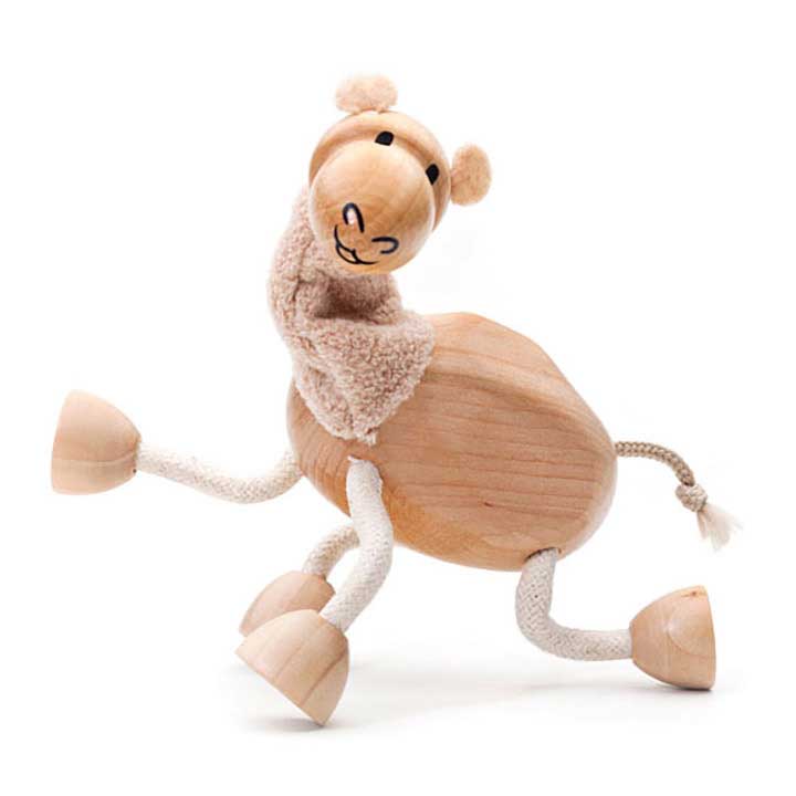 anamalz wood and cloth camel figurine, pretend play interactive toy - left side, front view showing leg movement
