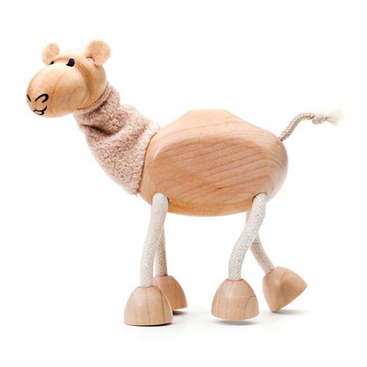 anamalz wood and cloth camel figurine, pretend play interactive toy - left side, front view