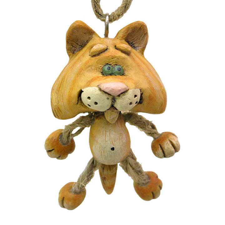 bert anderson orange resin cat with jute legs hanging ornament - full front view