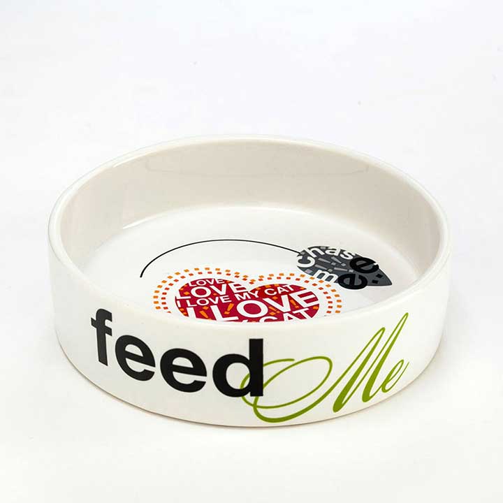 enesco, Designer Ceramic Cat Food or Water Bowl - side showing "feed me" text, interior graphics