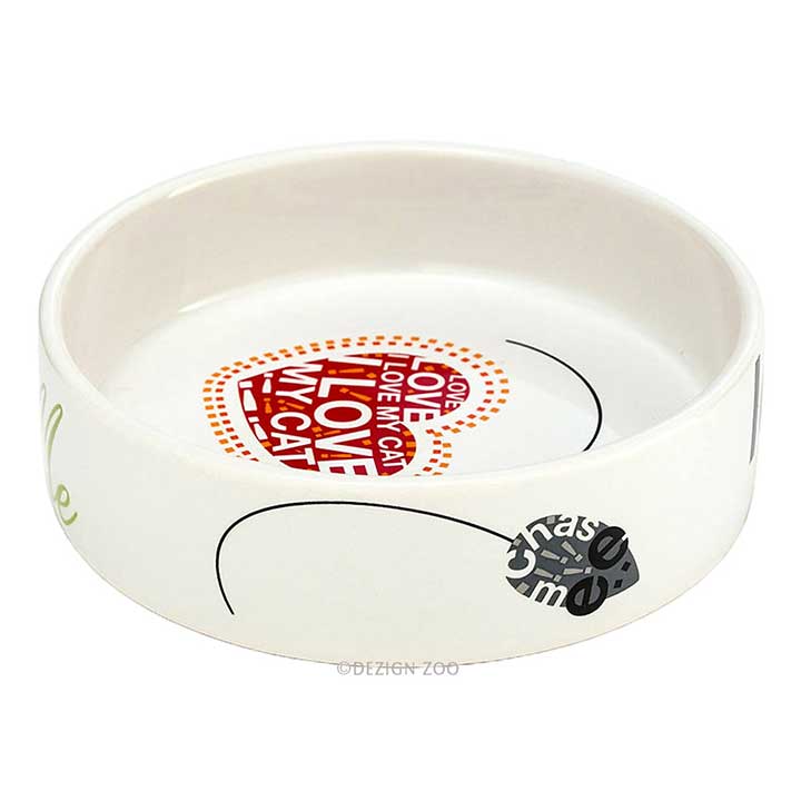 enesco, Designer Ceramic Cat Food or Water Bowl - side showing mouse design with "chase me" text, interior graphics