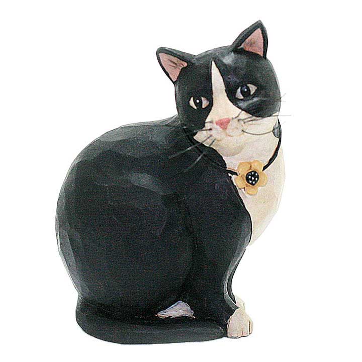 blossom bucket black and white tuxedo cat with yellow flower charm collar figurine
