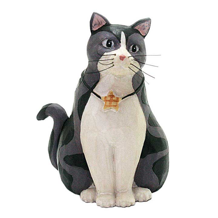 blossom bucket gray, black and white cat figurine wearing a yellow star charm collar
