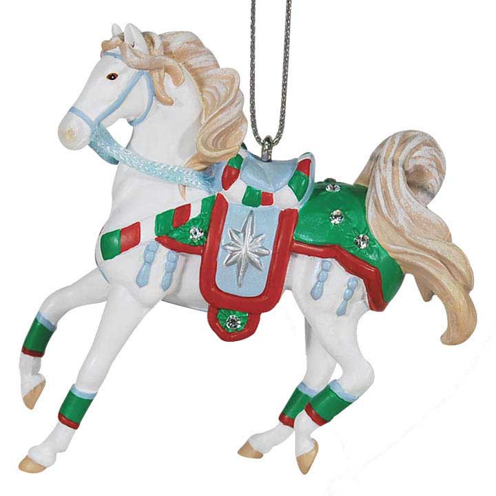 trail of painted ponies 6011700 christmas crystals ornament - white horse with clear crystal accented red, green, blue tack, facing left