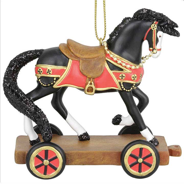 trail of painted ponies 6011701 christmas past - black horse with red and brown tack facing right pull toy ornament