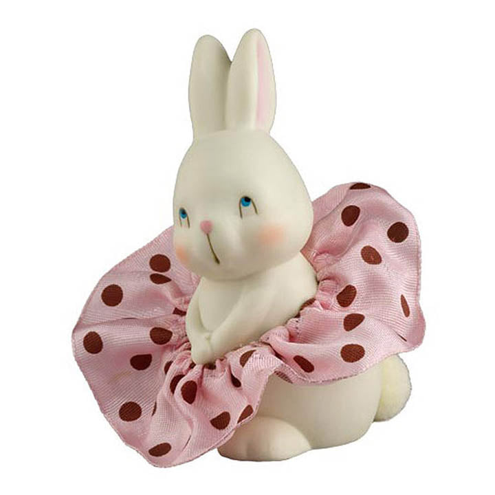 department 56 dottie collection white porcelain bunny figurine with coy expression on face wearing a pink with red polka dotted ribbon tutu