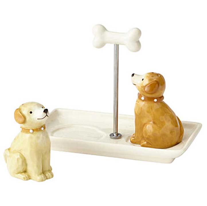 enesco 4058441 dogs salt and pepper shaker set with bone handle tray - left, light dog off of tray, dark dog on tray to right