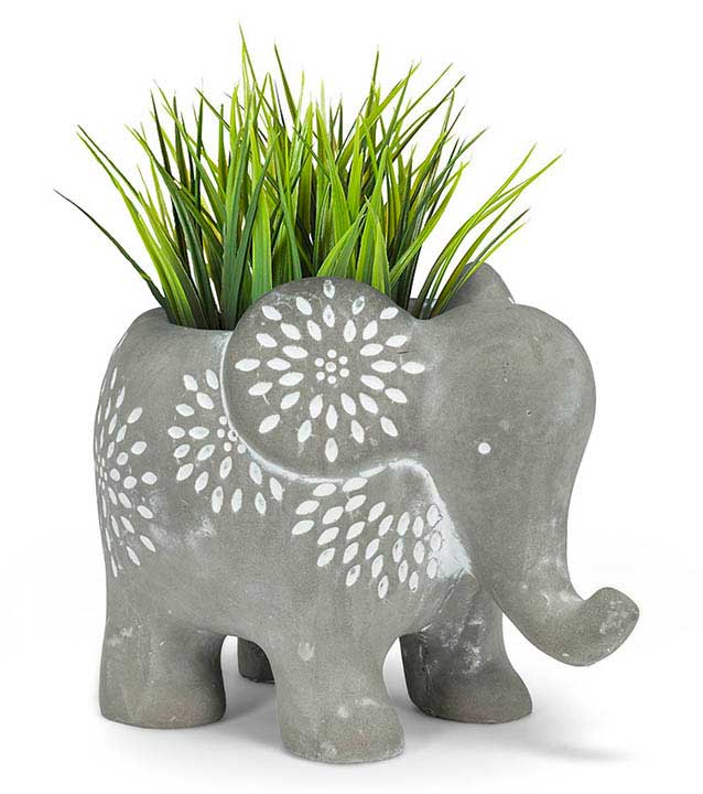 small cement elephant plant holder, pot with greenery