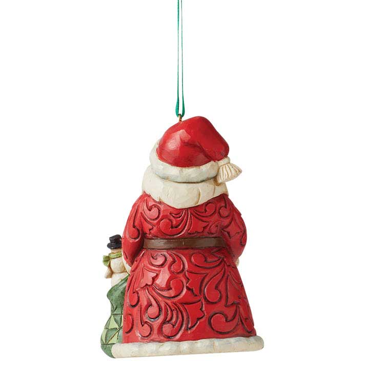 Jim Shore Worldwide Event Santa Ornament - back view, detail of red hat, red coat with rosemaling design