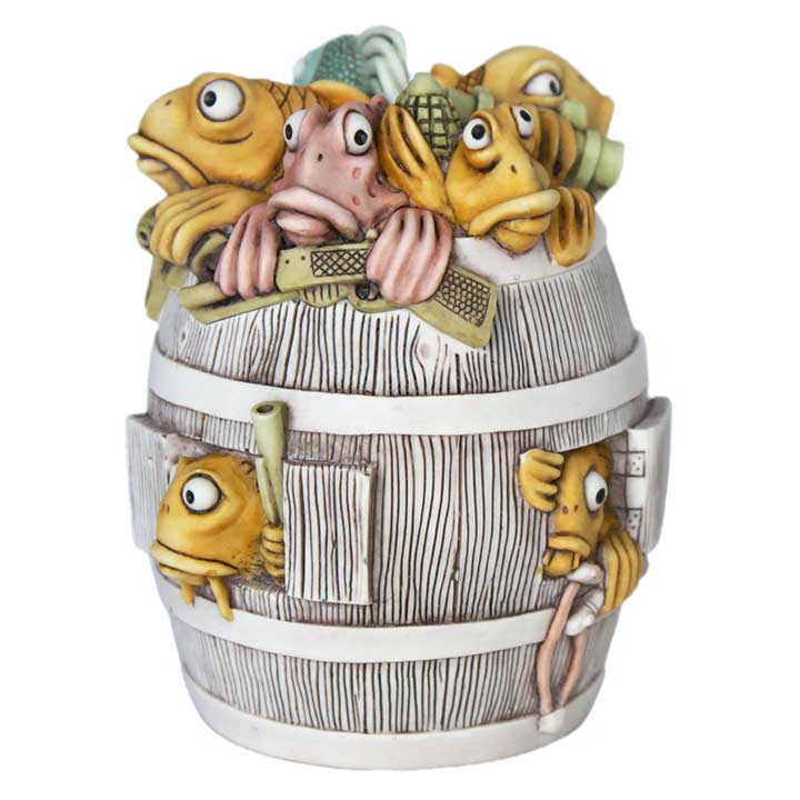 harmony kingdom firkin hell treasure jest box figurine fish in a barrel, top fish holding hand gun, left orange fish in window with shot gun, right orange fish in window holding sling shot