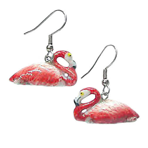 porcelain flamingo bird earrings with silver tone french hoops one facing right the other facing left