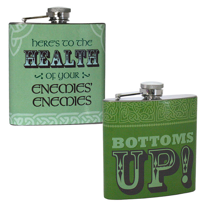 green celtic design metal flasks with irish proverbs