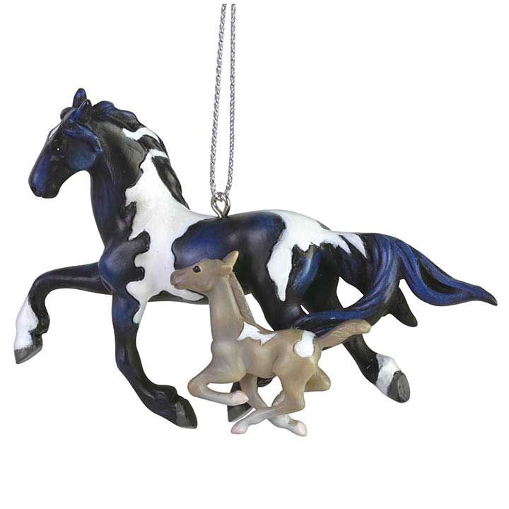trail of painted ponies forever young ornament, paint mare and foal running - left side view showing cord for hanging
